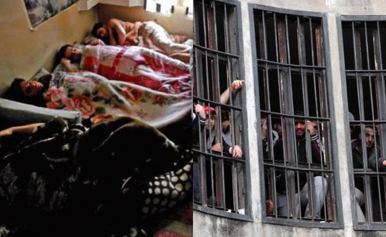 Collage: One side shows four prisoners sleeping side by side in a small room, and the other is an exterior shot of a barred window with Roumieh prisoners standing behind.