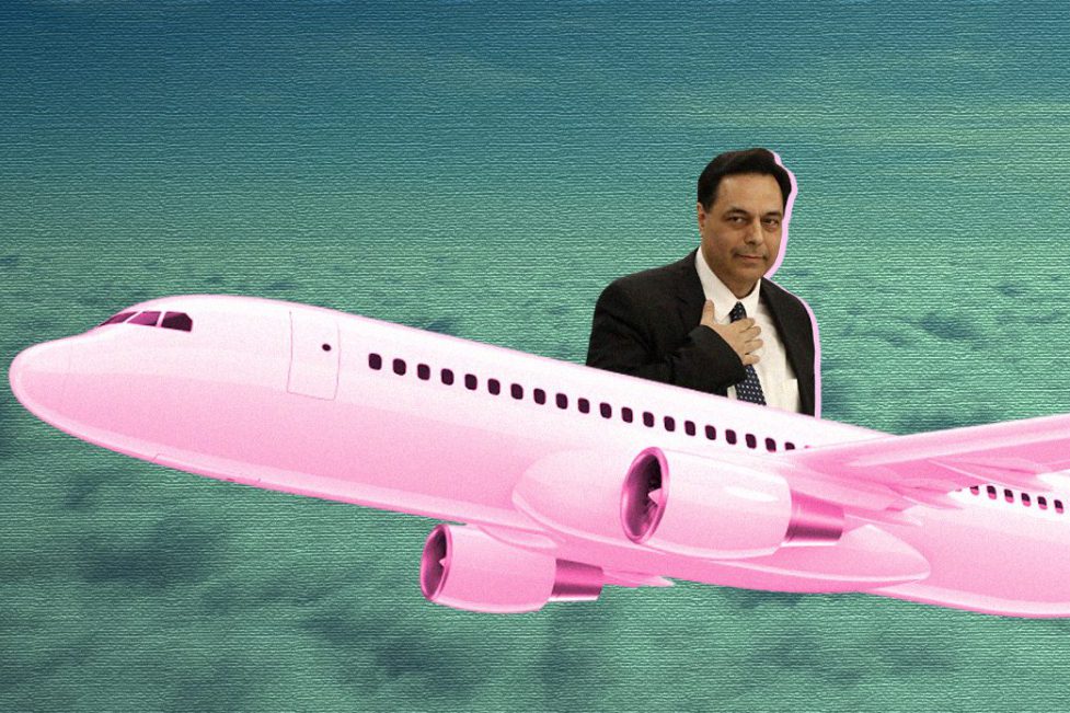 Collage of Hassan Diab saluting from the top of a plane with clouds in the background