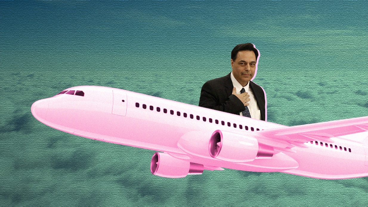 Collage of Hassan Diab saluting from the top of a plane with clouds in the background