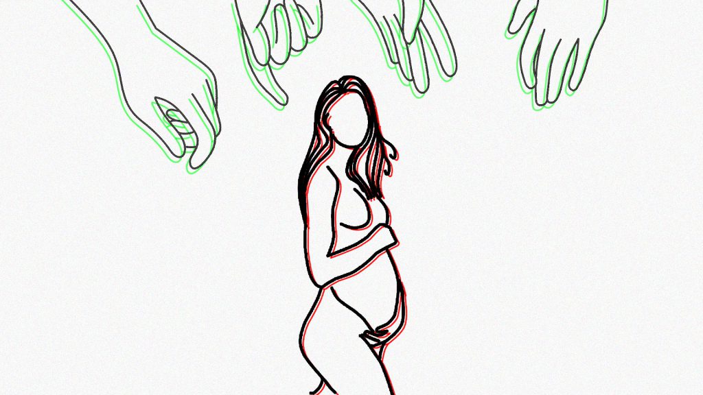 Line art showing pregnant woman in center and multiple hands reaching towards her from the top. Article: Lebanon’s criminalization of abortion: Primitive, ineffective, and deadly