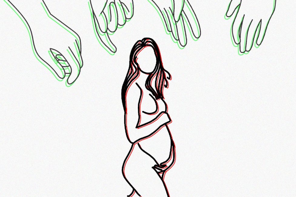 Line art showing pregnant woman in center and multiple hands reaching towards her from the top. Article: Lebanon’s criminalization of abortion: Primitive, ineffective, and deadly