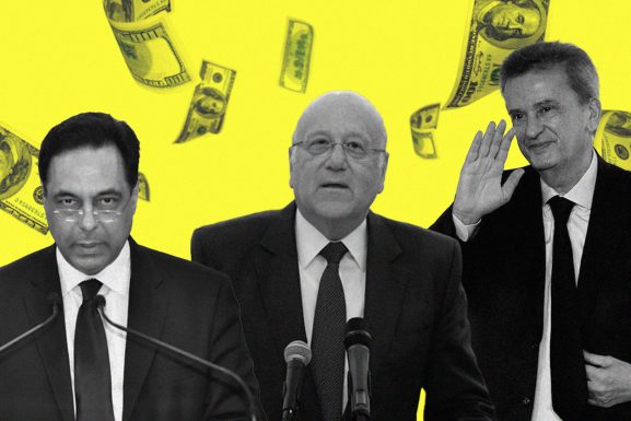 Pandora Papers Article: Collage of Lebanese officials with a yellow backdrop of flying dollar bills
