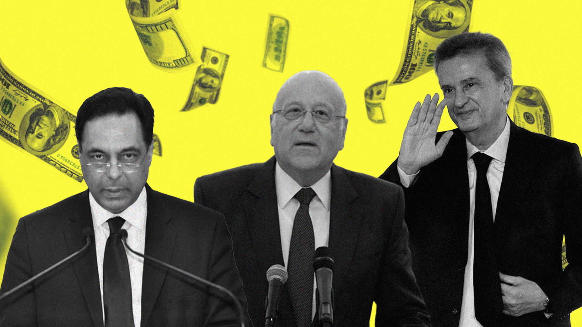 Pandora Papers Article: Collage of Lebanese officials with a yellow backdrop of flying dollar bills