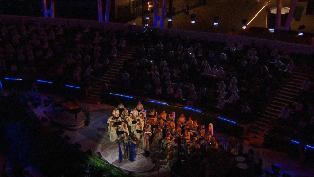 Ahlam performs backed by the Firdaus Women's Orchestra at the Expo 2020 Dubai opening ceremony