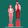 Illustration of man standing on top of a higher pedestal than a woman, who is looking up at him and frowning. ARTICLE: Breaking down Lebanon’s first gender statistical report
