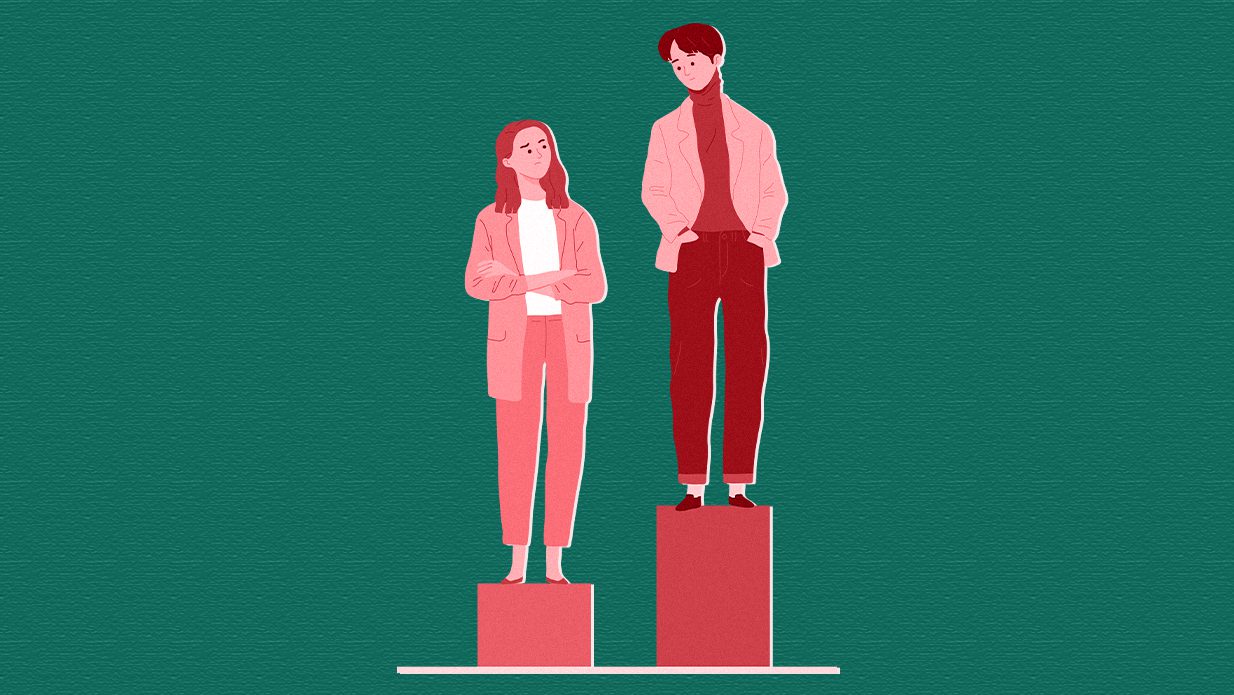 Illustration of man standing on top of a higher pedestal than a woman, who is looking up at him and frowning. ARTICLE: Breaking down Lebanon’s first gender statistical report