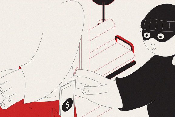 Illustration of theft: robber stealing phone out of the pockets of an individual on a public street