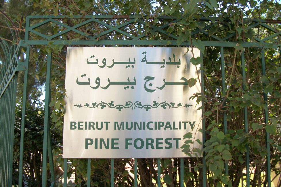 Photo showing a Beirut Municipality Horsh Beirut sign hung up on a green gate against a backdrop of trees