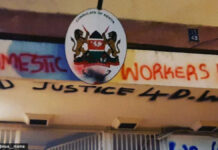 Kenyan domestic workers to be repatriated after weeks of sleeping in the rain Graffiti demanding justice for domestic workers across the Kenyan Consulate exterior walls in Beirut.