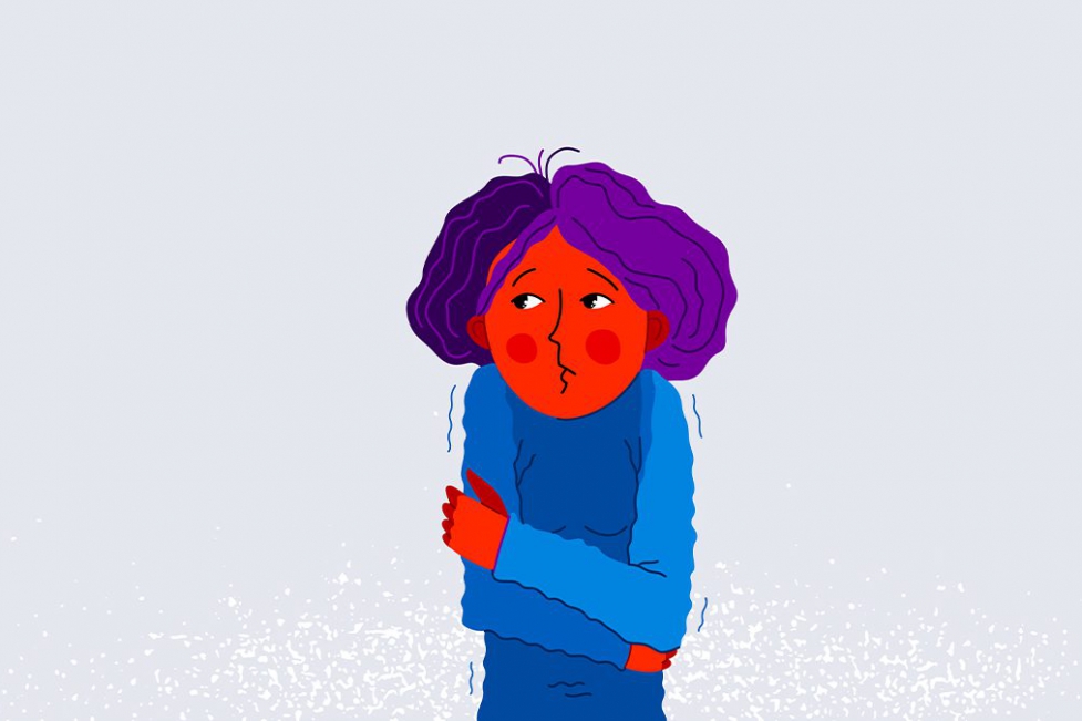 Illustration of child embracing herself with a worried look on her face against grey and textured background