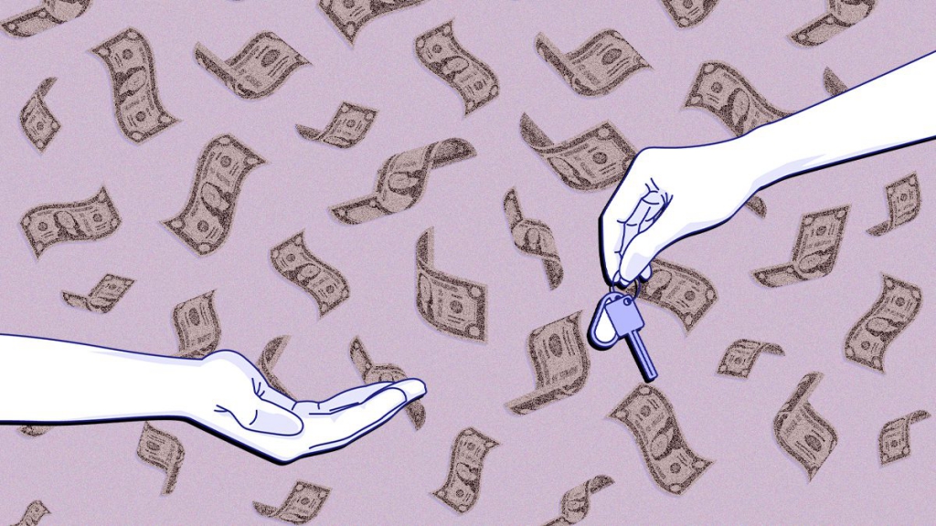 An abstract illustration of the rent concept showing dollars flying in the background and two hands exchanging a house key in the foreground.