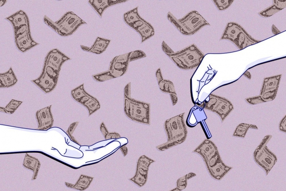 An abstract illustration of the rent concept showing dollars flying in the background and two hands exchanging a house key in the foreground.