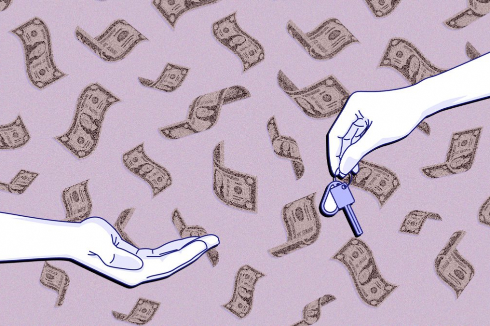 An abstract illustration of the rent concept showing dollars flying in the background and two hands exchanging a house key in the foreground.
