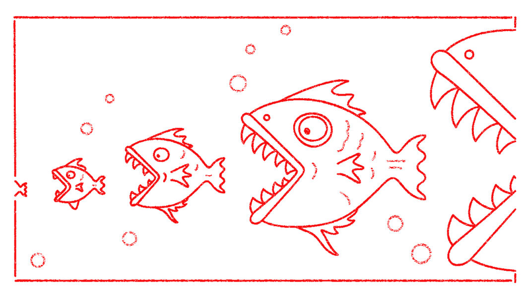 Illustration showing a fish food chain, with bigger fish eating smaller ones