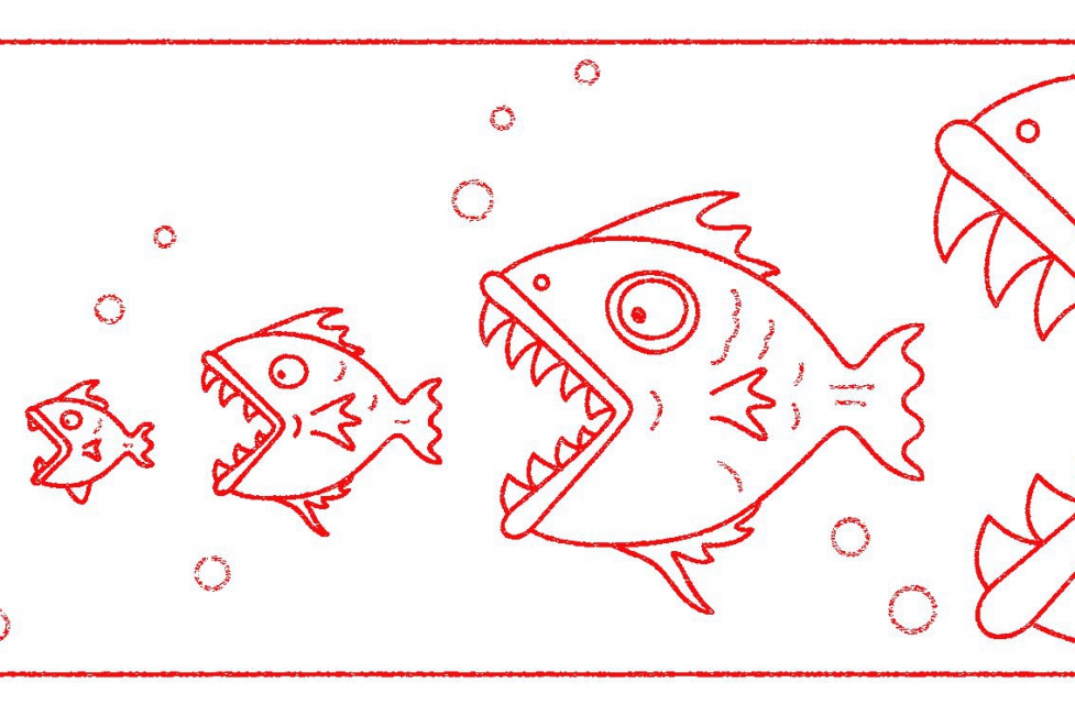 Illustration showing a fish food chain, with bigger fish eating smaller ones