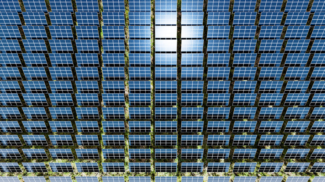 An aerial shot and 3D render of lines of solar panels