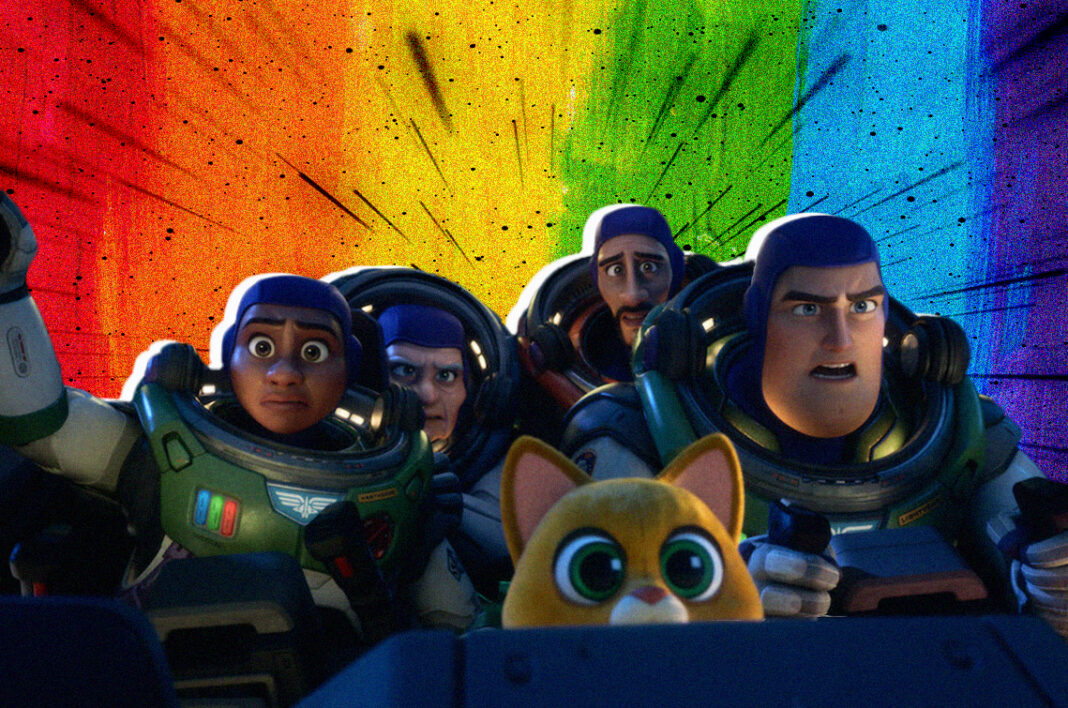 A collage of Lightyear space rangers warping in space with the colors of the pride flag in the background