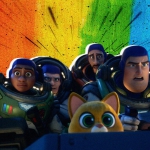 A collage of Lightyear space rangers warping in space with the colors of the pride flag in the background