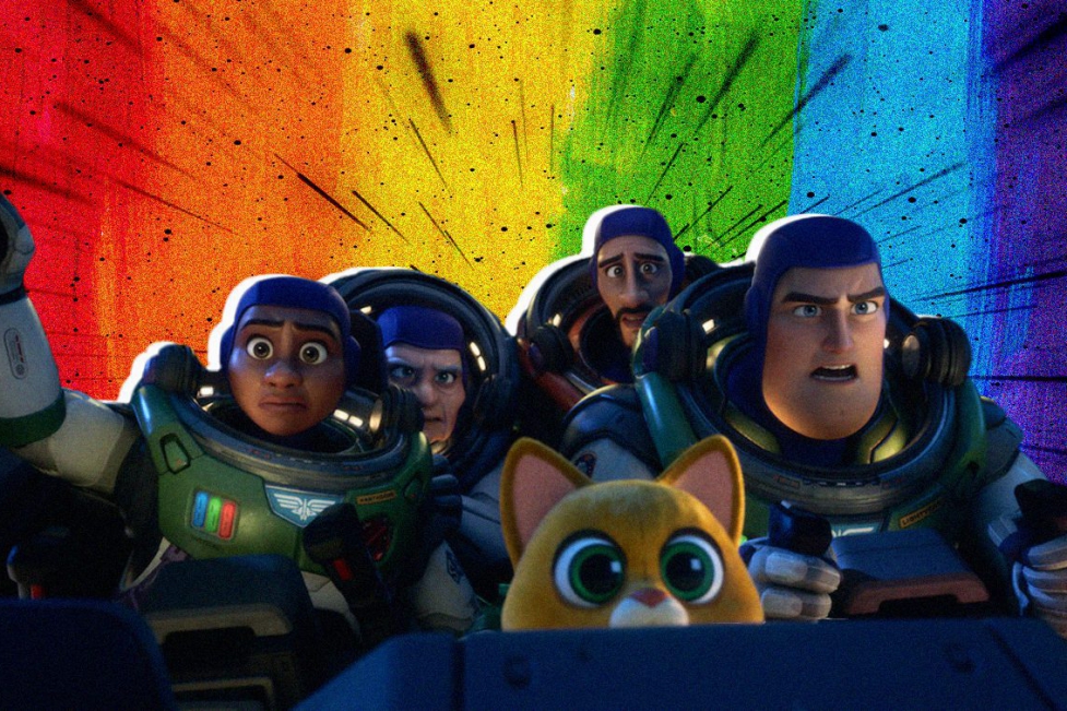 A collage of Lightyear space rangers warping in space with the colors of the pride flag in the background