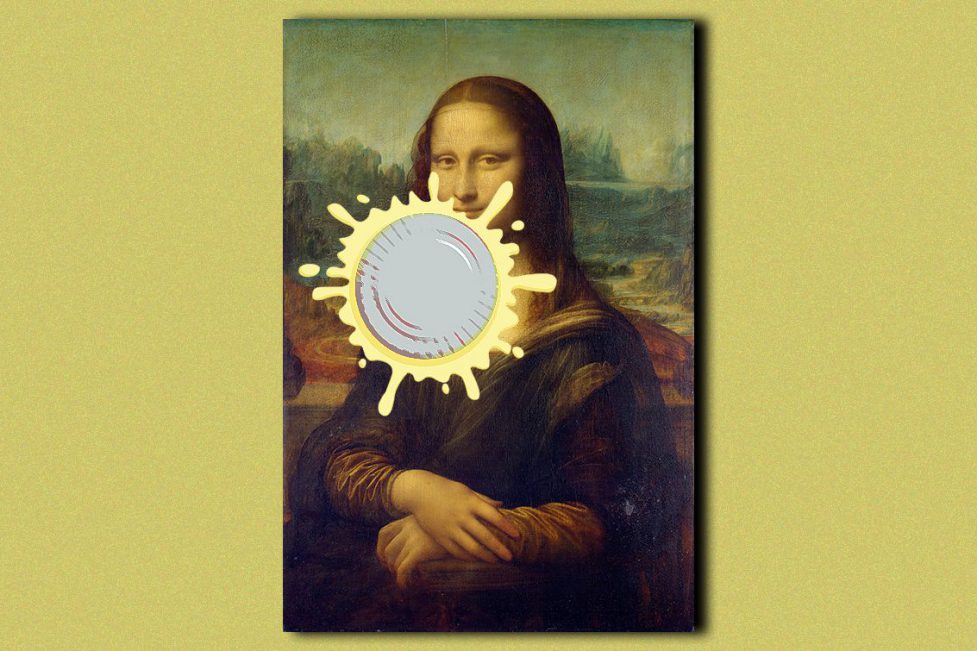 A collage of the Mona Lisa and an illustrated pie hitting her face.