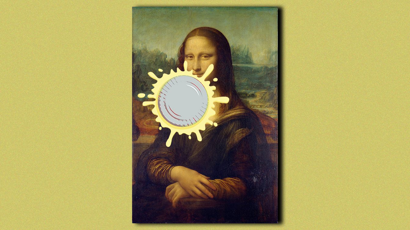 A collage of the Mona Lisa and an illustrated pie hitting her face.