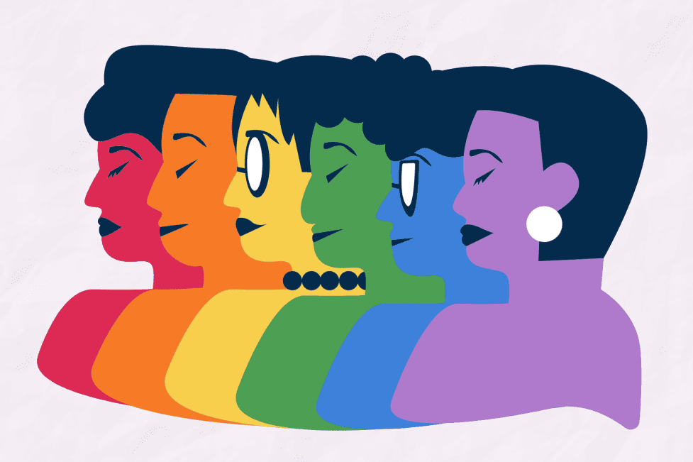 A collage of 6 individuals looking to the side. Each is colored so that they line up to form the LGBTQ+ pride flag.
