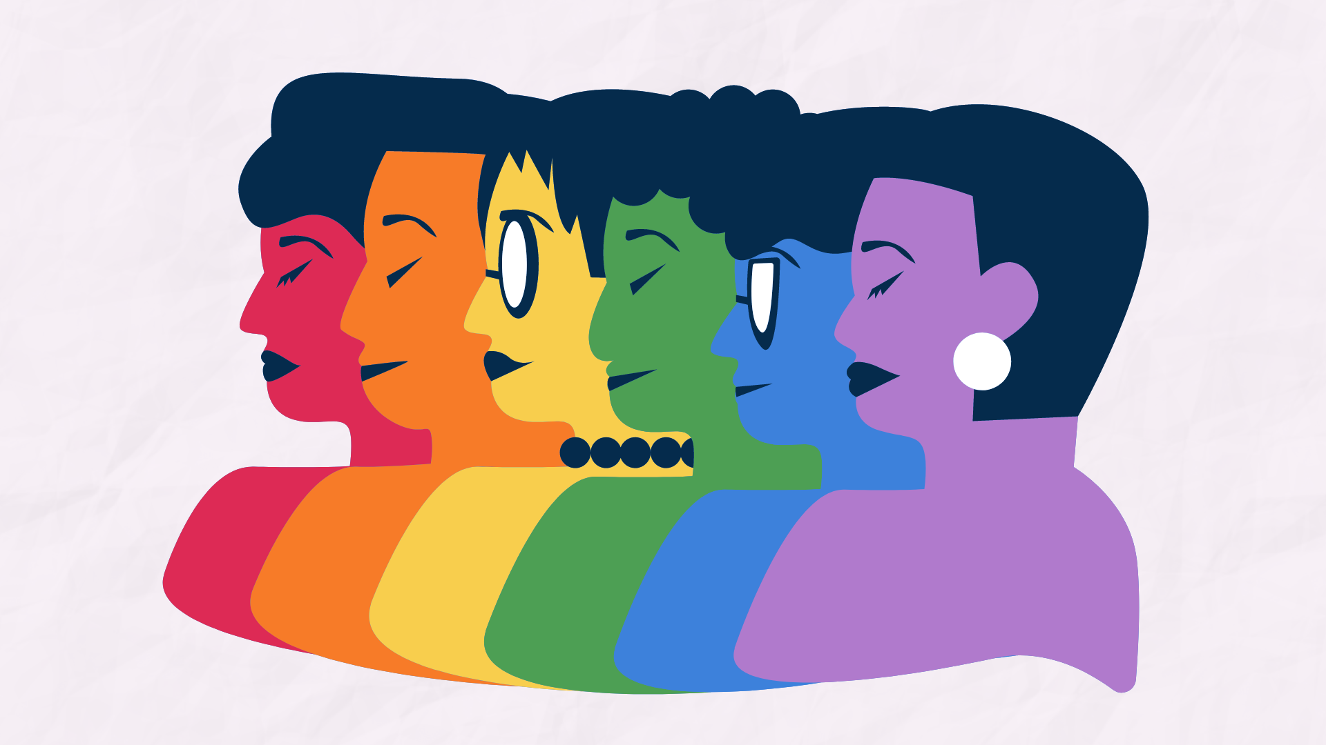 A collage of 6 individuals looking to the side. Each is colored so that they line up to form the LGBTQ+ pride flag.