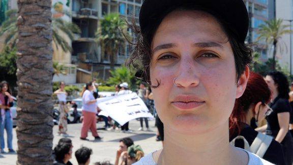 Sara Katoura being interviewed during the march. 